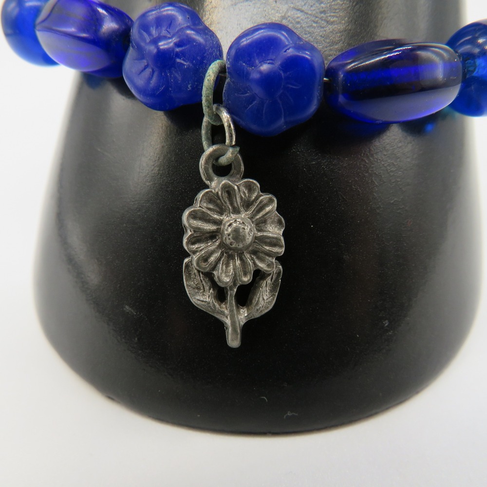 Vintage Blue Glass Mixed Bead Flower Charm Bracelet Barrel Clasp Boho Cobalt